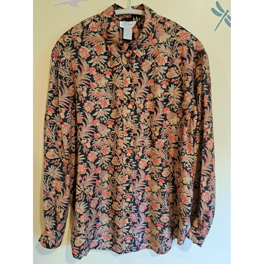 K Arnold Women's 100% Silk  Floral Button-Up Long Sleeve Shirt Blouse Top L VTG